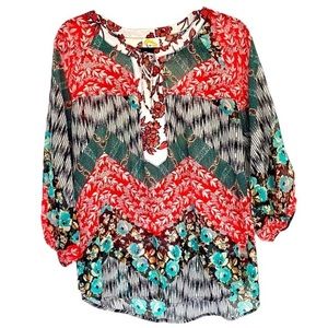 ANTHROPOLOGIE FIG & FLOWER Bohemian Light Semi Sheer Patchwork Blouse size S